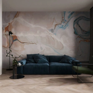 Fotobehang Premium Sand - Blauw kronkelt onder het wit - Abstractie, Deel, Modern patroon - 400x280 cm