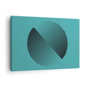 Schilderen op canvas - Een minimalistische cirkel met lijnen op een turquoise achtergrond. - 70x50cm - Cirkel – een geometrische variatie - Moderne wanddecoratie voor woonkamer en slaapkamer ARTTOR
