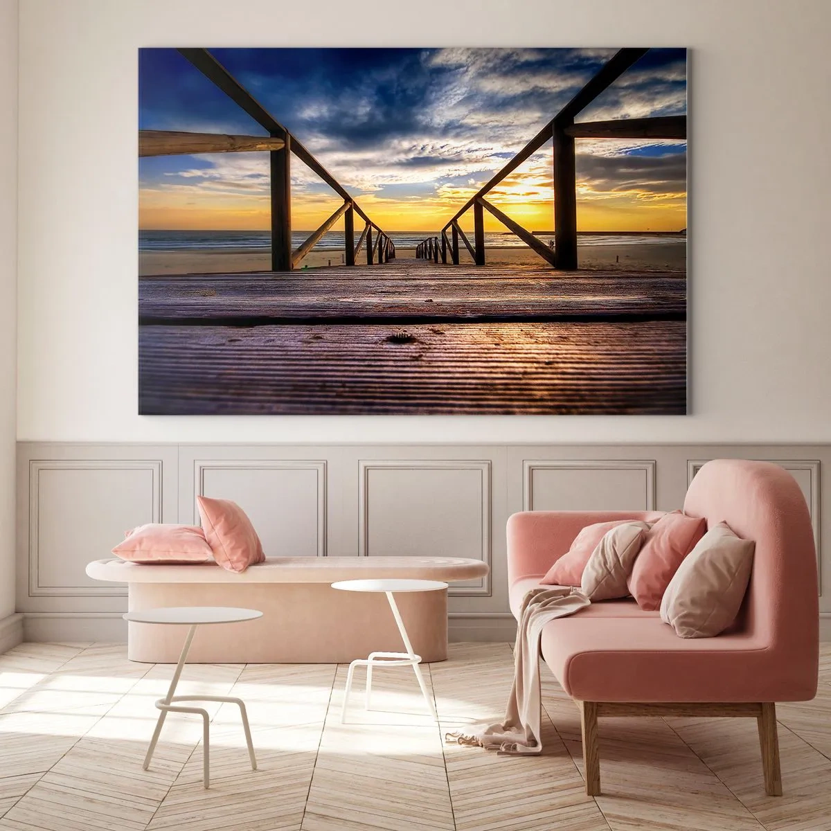 Schilderen op glas - Rechtstreeks naar het rustige strand bij zonsondergang - 100x70 cm