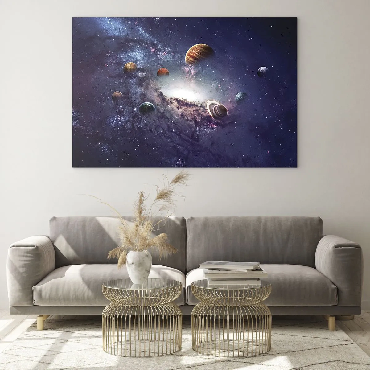 Schilderen op glas - Een fantasierijke visie op planeten die in de ruimte draaien - 70x50cm - Zonne-dans systeem - Moderne wanddecoratie voor woonkamer en slaapkamer ARTTOR