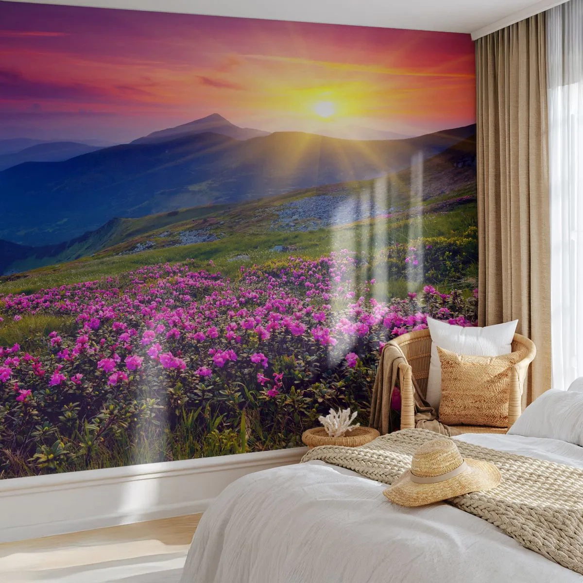Fotobehang Premium Sand - … En eromheen ruikt het naar bergdennen en de geur van kruiden - Landschap, Bergen, Zonsondergang - 100x70 cm