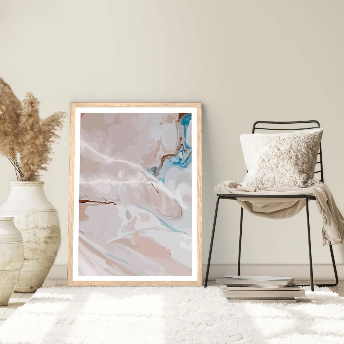 Een poster in een licht eiken lijst - Blauw kronkelt onder het wit - 61x91 cm