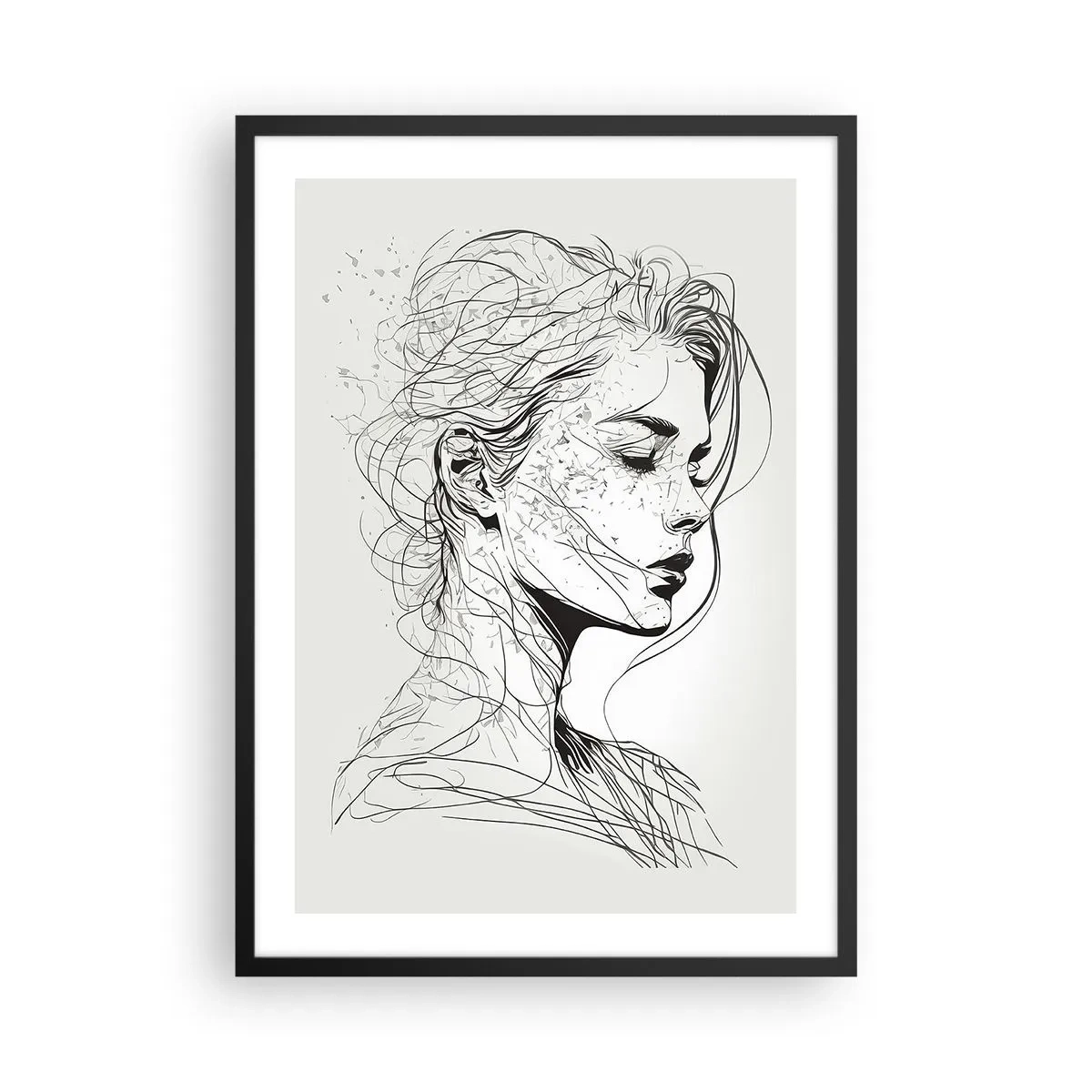 Poster in een zwarte lijst - Een schets van een vrouw met lang, los haar, gemaakt in een minimalistische stijl. - 50x70cm - Portret in gedachten - Moderne wanddecoratie voor woonkamer en slaapkamer ARTTOR