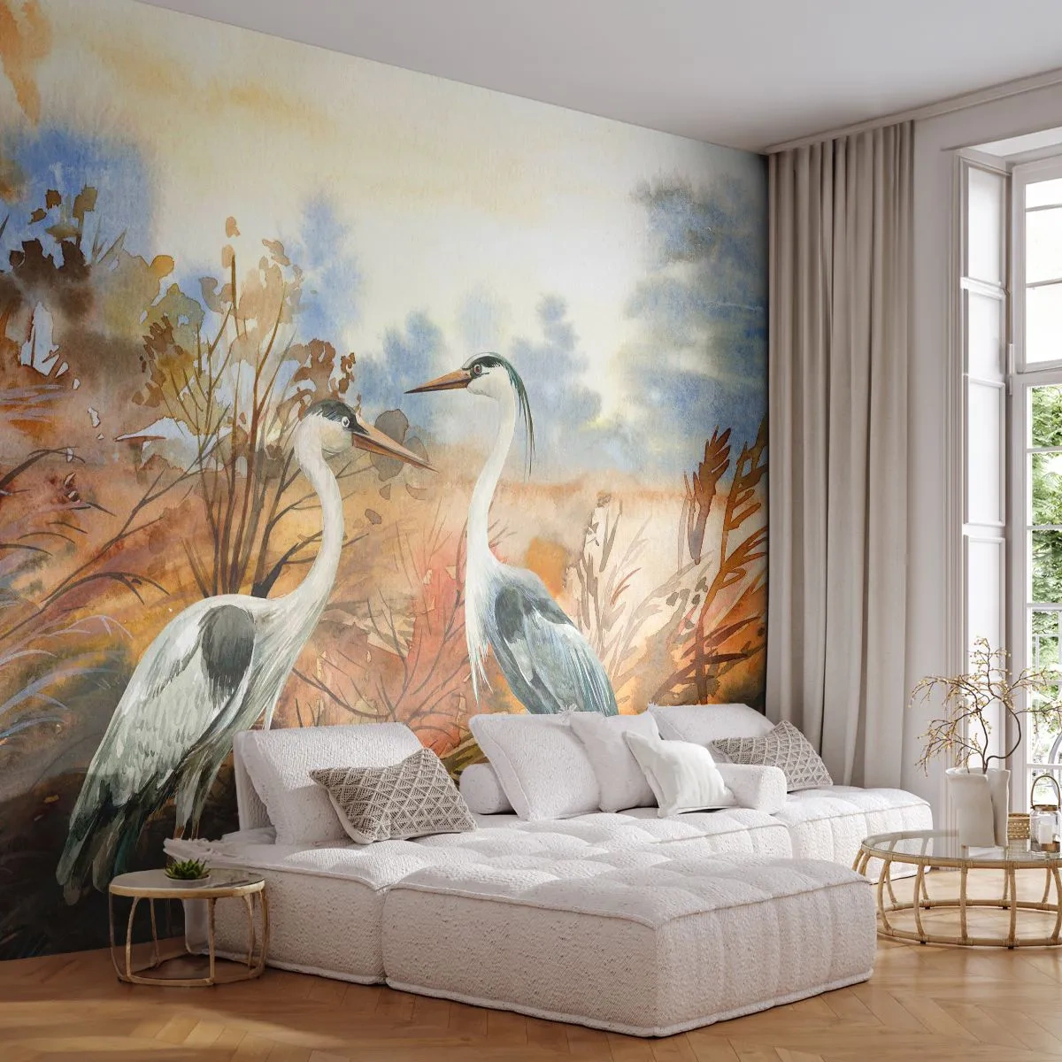 Fotobehang Premium Sand - Waarheen in de herfst? - Kraan, Vogels, Natuur - 100x70 cm