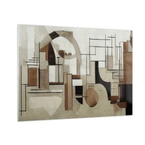 Schilderen op glas - Geometrisch landschap in tinten bruin en beige - 70x50cm - Stadslandschap 2.0 - Moderne wanddecoratie voor woonkamer en slaapkamer ARTTOR