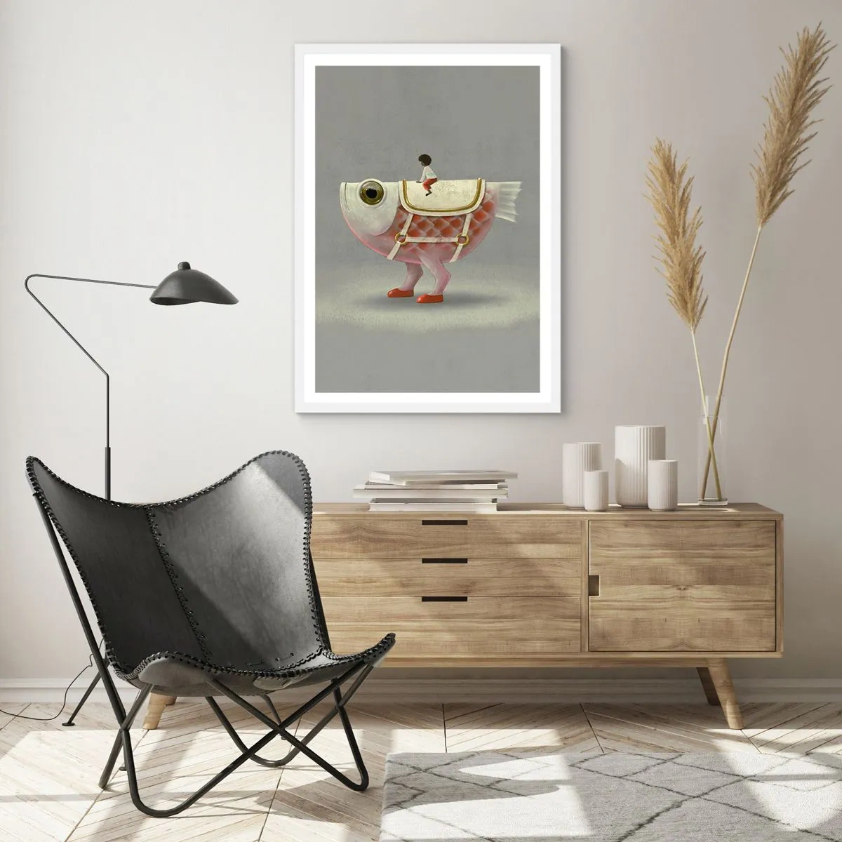 Poster in een witte lijst - Ruiter op een surrealistische vis - 61x91 cm