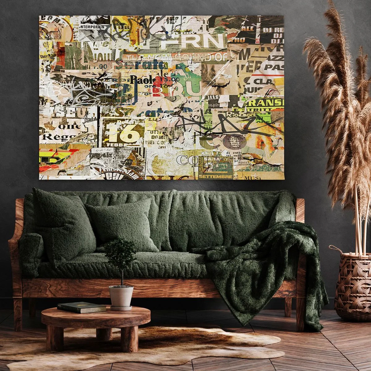 Schilderen op canvas - Een collage van fragmenten uit kranten en posters in een artistieke stijl. - 70x50cm - O, het gebeurt... - Moderne wanddecoratie voor woonkamer en slaapkamer ARTTOR