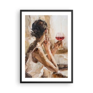 Poster in een zwarte lijst - Een vrouw die een glas wijn vasthoudt en er nadenkend uitziet - 50x70cm - De smaak van een goed moment - Moderne wanddecoratie voor woonkamer en slaapkamer ARTTOR