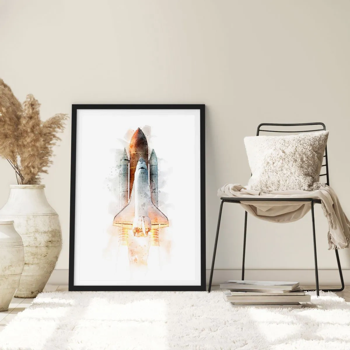Poster in een zwarte lijst - Ruimteveer in aquarelstijl dat opstijgt - 50x70cm - Ontdekkingsreizigers, aan de slag - Moderne wanddecoratie voor woonkamer en slaapkamer ARTTOR
