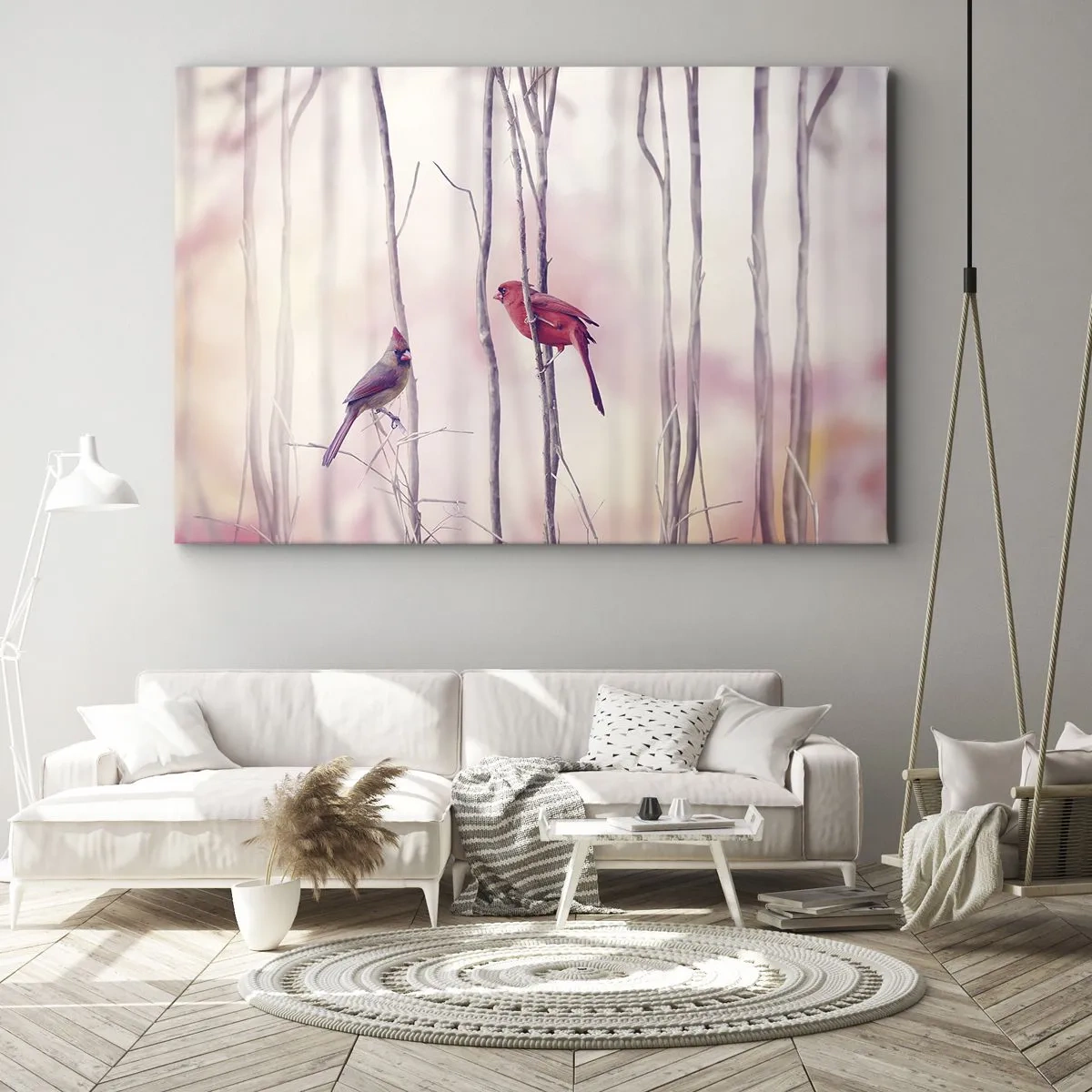 Schilderen op canvas - Een paar kardinalen zitten op takken in een pastelkleurig landschap - 70x50cm - Verhaal van het roze woud - Moderne wanddecoratie voor woonkamer en slaapkamer ARTTOR