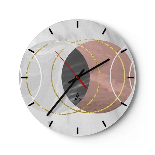 Wandklok - Klok - Geometrische cirkels in tinten grijs en koper met gouden accenten - 30x30cm - Muziek van de sferen - Moderne wanddecoratie voor woonkamer, keuken en slaapkamer ARTTOR