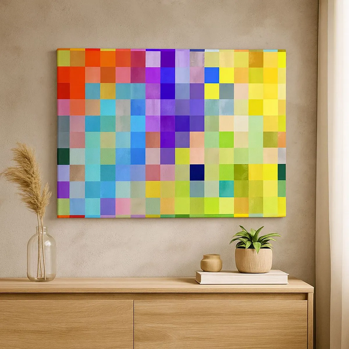 Schilderen op canvas - Een kleurrijk mozaïek van vierkanten in verschillende kleuren - 70x50cm - Alle anderen, allemaal gelijk - Moderne wanddecoratie voor woonkamer en slaapkamer ARTTOR
