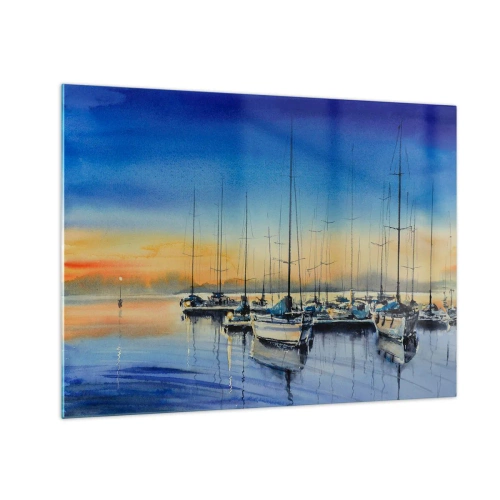 Schilderen op glas - Zeilboten in de haven bij zonsondergang - 70x50cm - Einde van een goede dag - Moderne wanddecoratie voor woonkamer en slaapkamer ARTTOR