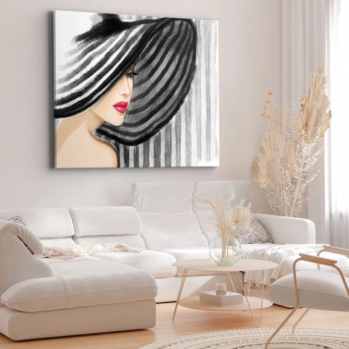 Schilderen op canvas - Vrouw met een zwart-witte hoed met een rood accent - 70x50cm - Waar moet je zoeken? - Moderne wanddecoratie voor woonkamer en slaapkamer ARTTOR