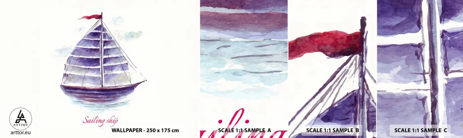 Fotobehang Staaltje Standard Eco - Volle zeilen en rustig water - Zeilboot, Kust, Zee - 100x30 cm