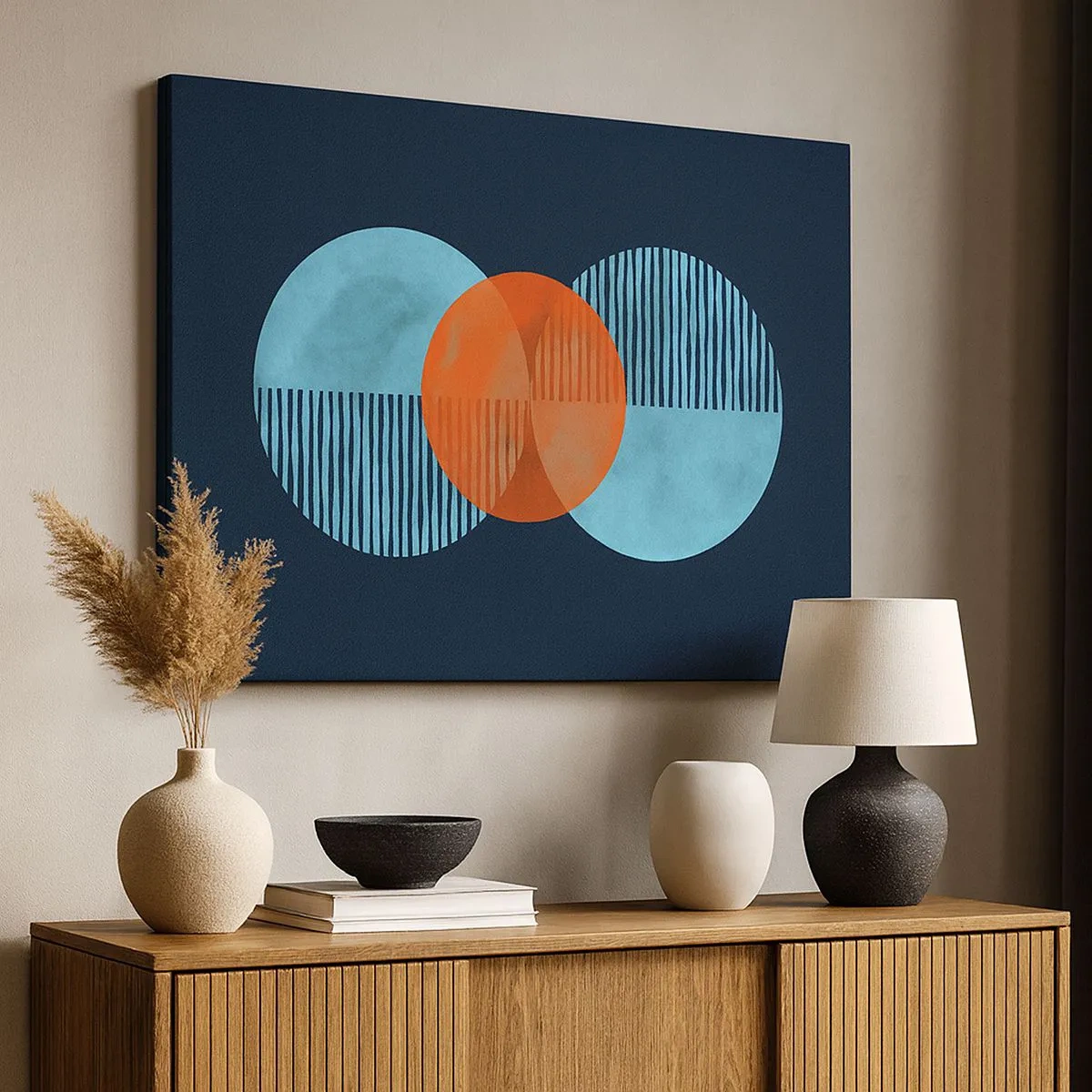Schilderen op canvas - Geometrische cirkels in tinten blauw en oranje - 70x50cm - Symmetrische compositie - Moderne wanddecoratie voor woonkamer en slaapkamer ARTTOR