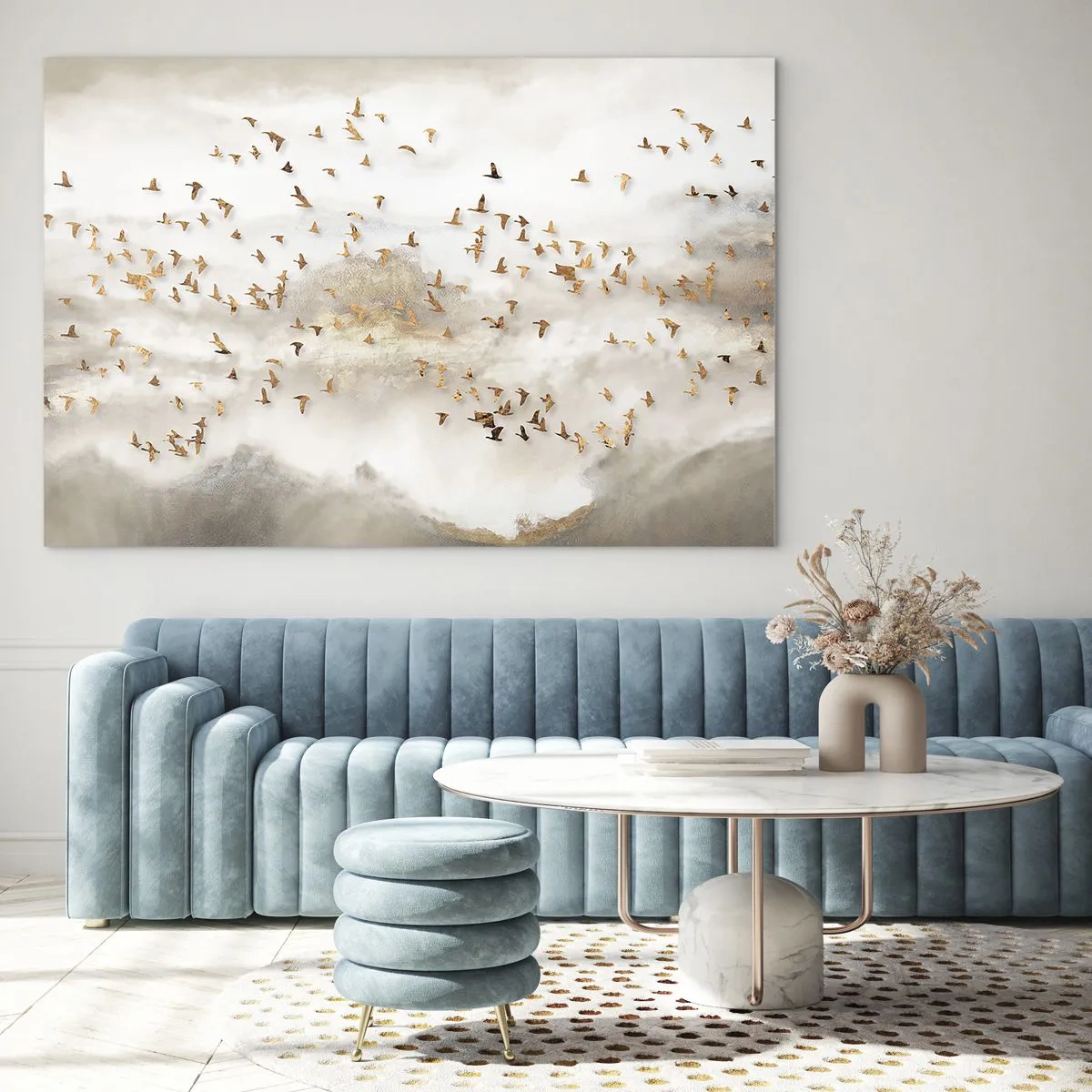 Schilderen op glas - Een zwerm vogels vliegt over een mistig landschap - 70x50cm - Het is tijd… - Moderne wanddecoratie voor woonkamer en slaapkamer ARTTOR