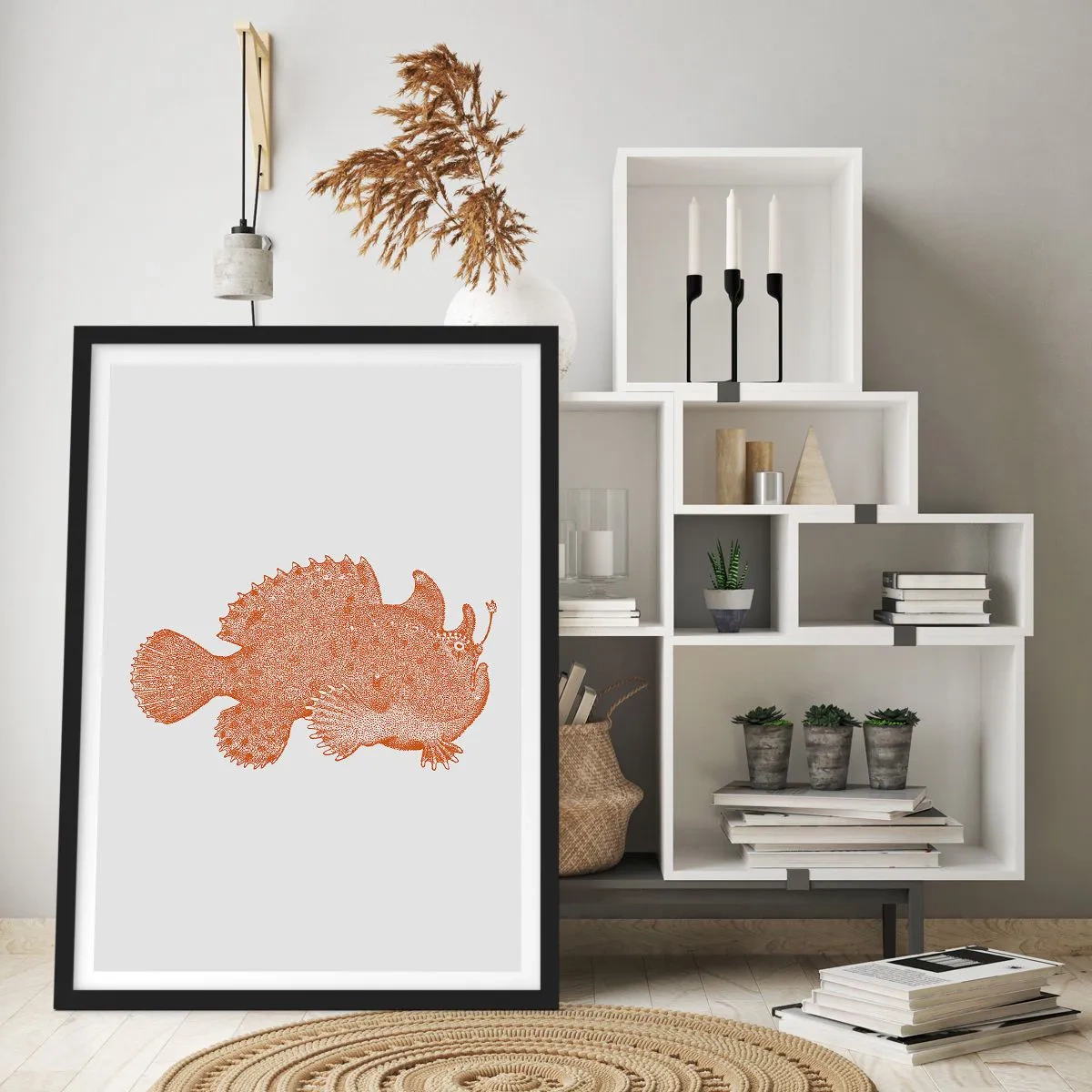 Poster in een zwarte lijst - Gedetailleerde illustratie van een diepzeevis - 50x70cm - En toch een vis - Moderne wanddecoratie voor woonkamer en slaapkamer ARTTOR