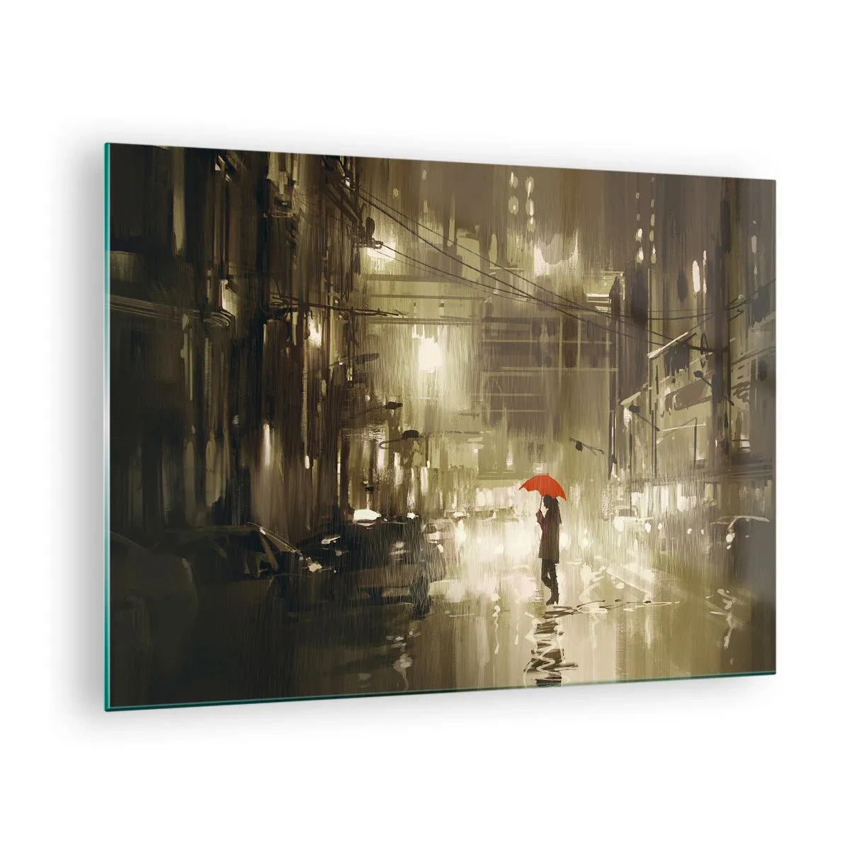Schilderen op glas - Persoon met rode paraplu in regenachtig stadslicht 's nachts - 70x50cm - Alleen maar niet eenzaam - Moderne wanddecoratie voor woonkamer en slaapkamer ARTTOR