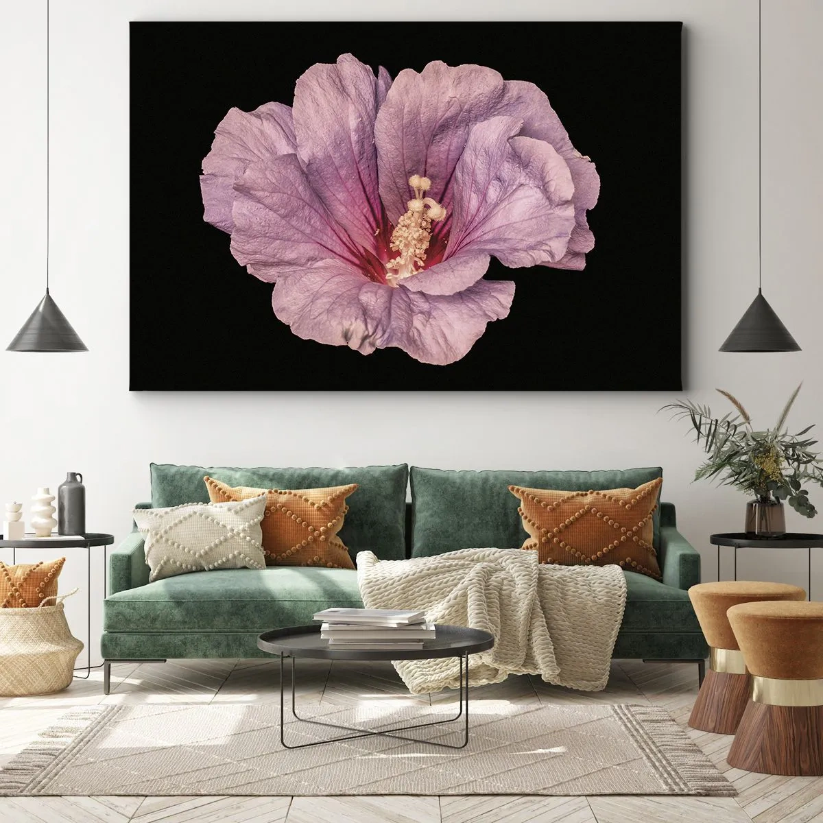 Schilderen op canvas - Roze bloem op een zwarte achtergrond - 70x50cm - Recht in het hart - Moderne wanddecoratie voor woonkamer en slaapkamer ARTTOR