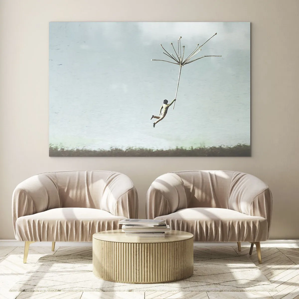 Schilderen op glas - Vliegers, paardebloemen, wind - 100x70 cm