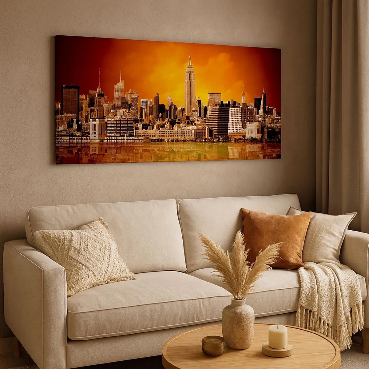 Schilderen op canvas - Het grote stadspanorama in geel en brons - 100x40 cm