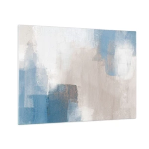 Schilderen op glas - Beige en blauwe abstractie in pastelkleuren - 70x50cm - Roze abstractie achter een blauw gordijn - Moderne wanddecoratie voor woonkamer en slaapkamer ARTTOR