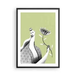 Poster in een zwarte lijst - Minimalistische vrouw die een bloem vasthoudt op een groene achtergrond - 50x70cm - Modernistisch portret – met een bloem in de hand - Moderne wanddecoratie voor woonkamer en slaapkamer ARTTOR
