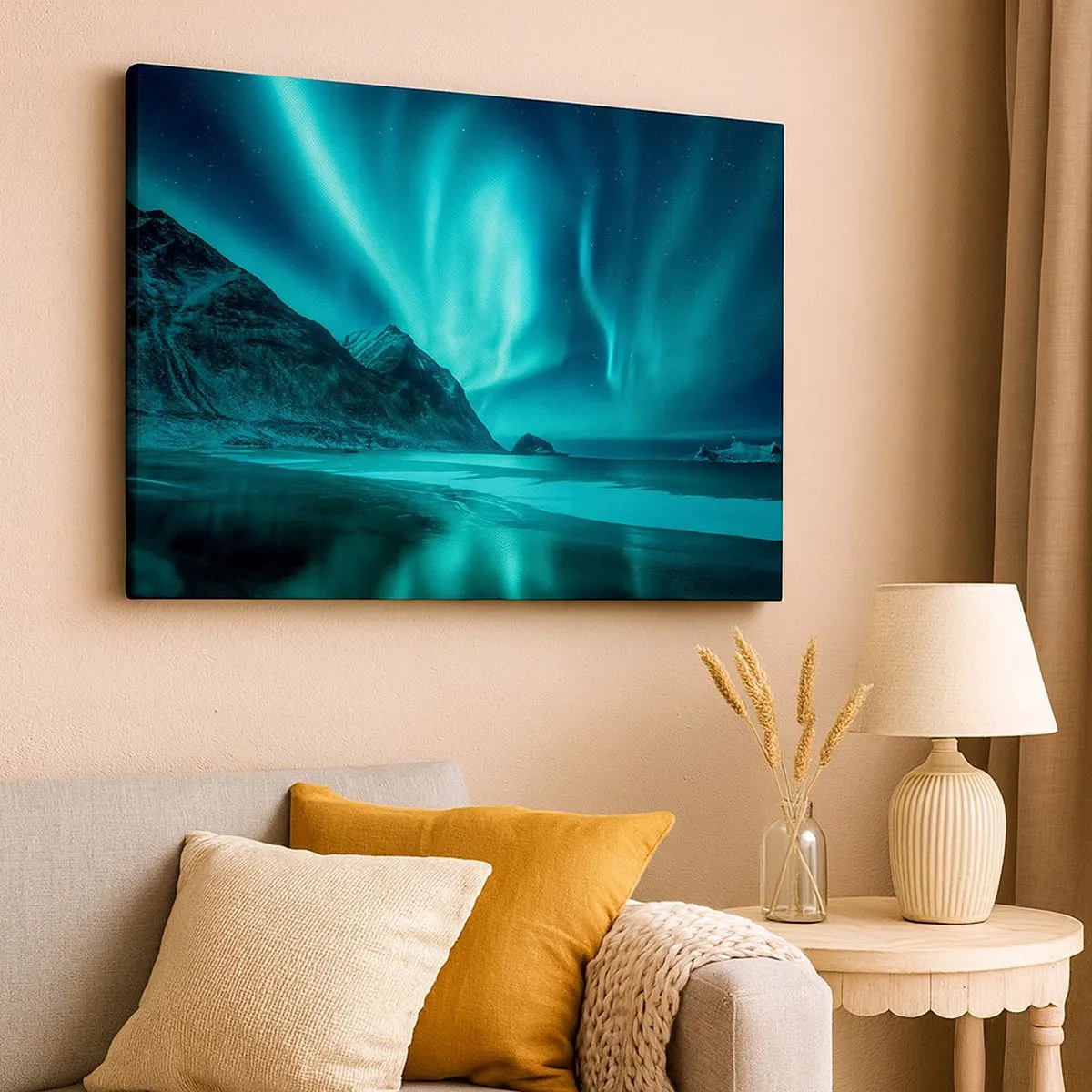 Schilderen op canvas - Aurora Borealis boven een bergachtig winterlandschap - 70x50cm - Wonderen van het Noorden - Moderne wanddecoratie voor woonkamer en slaapkamer ARTTOR