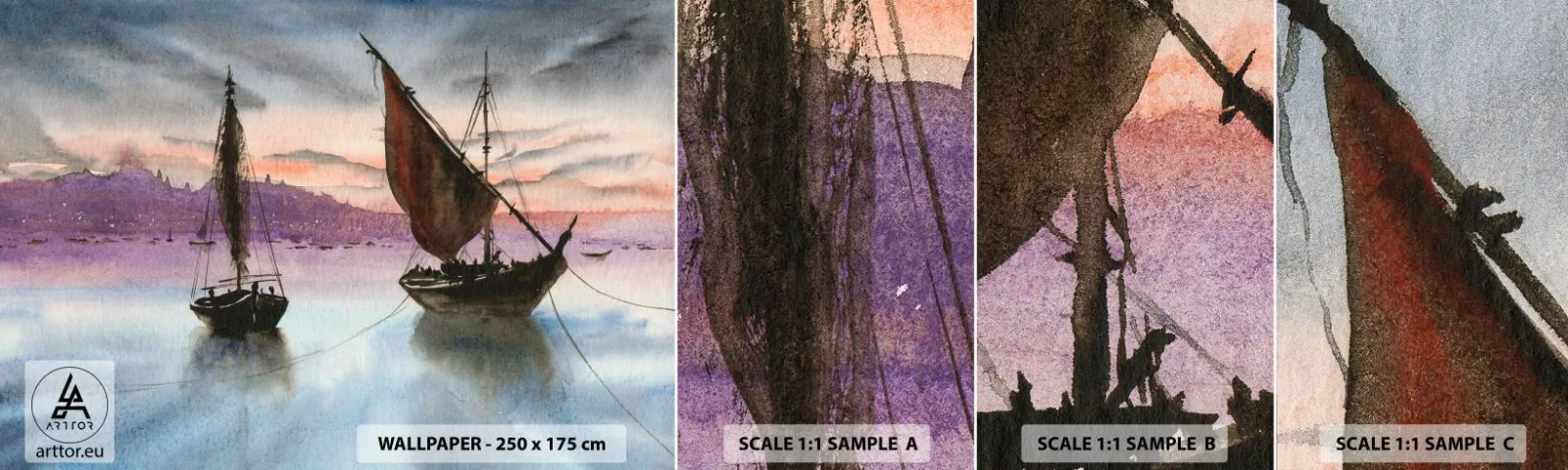 Fotobehang Monster Zelfklevend Deluxe Sticker - Avond in de haven - Zeilboten, Kust, Landschap - 100x30 cm