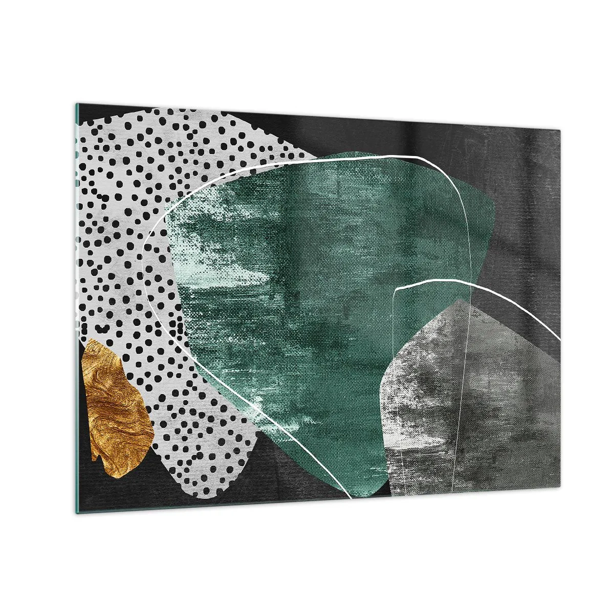 Schilderen op glas - Groene vormen met een zwarte achtergrond en een gouden accent - 70x50cm - Kleurrijke abstractie met bladgoud - Moderne wanddecoratie voor woonkamer en slaapkamer ARTTOR