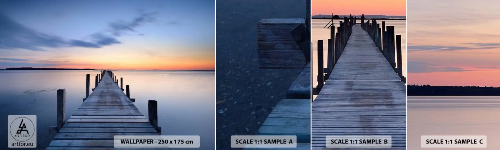 Fotobehang Staaltje Standard Eco - De rust van een serene schemering - Landschap, Baai, Houten brug - 100x30 cm