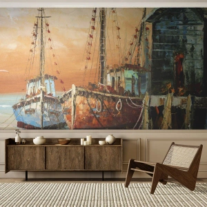 Fotobehang Standard Eco - Een pittoreske jachthaven met vissersboten - 100x70cm - Een vreedzame terugkeer - Moderne wanddecoratie voor woonkamer en slaapkamer ARTTOR