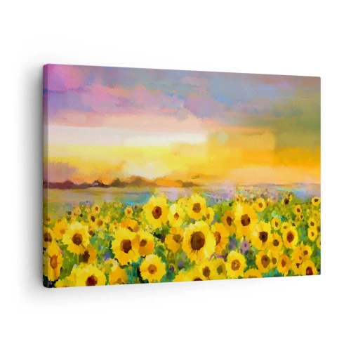 Schilderen op canvas - Een veld zonnebloemen in het licht van de ondergaande zon - 70x50cm - De zon zelf daalde naar de aarde - Moderne wanddecoratie voor woonkamer en slaapkamer ARTTOR