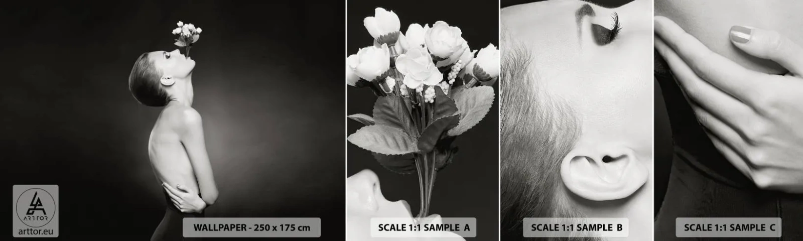 Fotobehang Staaltje Standard Eco - Excentrieke elegantie - Lichaam, Bloemen, Model - 100x30 cm