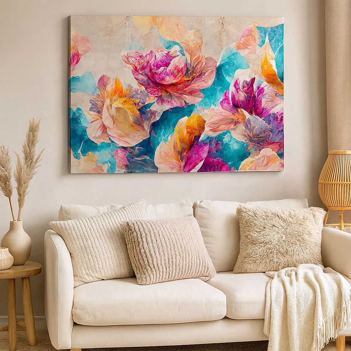 Schilderen op canvas - Kleurrijke bloemen op een beige achtergrond - 70x50cm - Kleurrijke pracht van het boeket - Moderne wanddecoratie voor woonkamer en slaapkamer ARTTOR