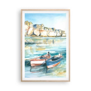 Een poster in een licht eiken lijst - Azuurblauw landschap - 61x91 cm