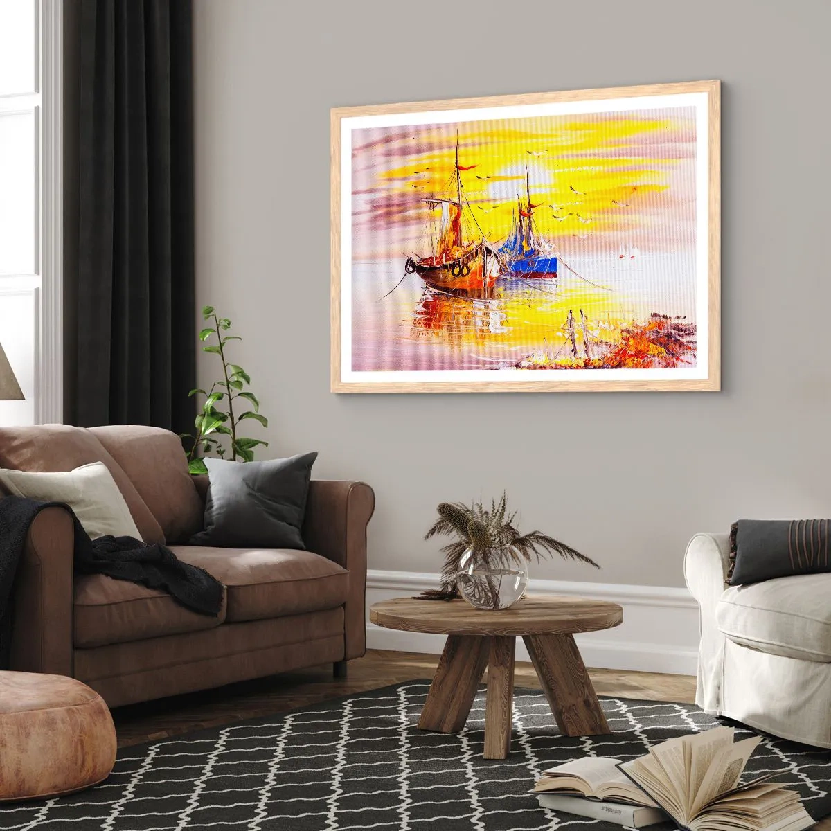 Een poster in een licht eiken lijst - Een welverdiende rust in de haven - 91x61 cm