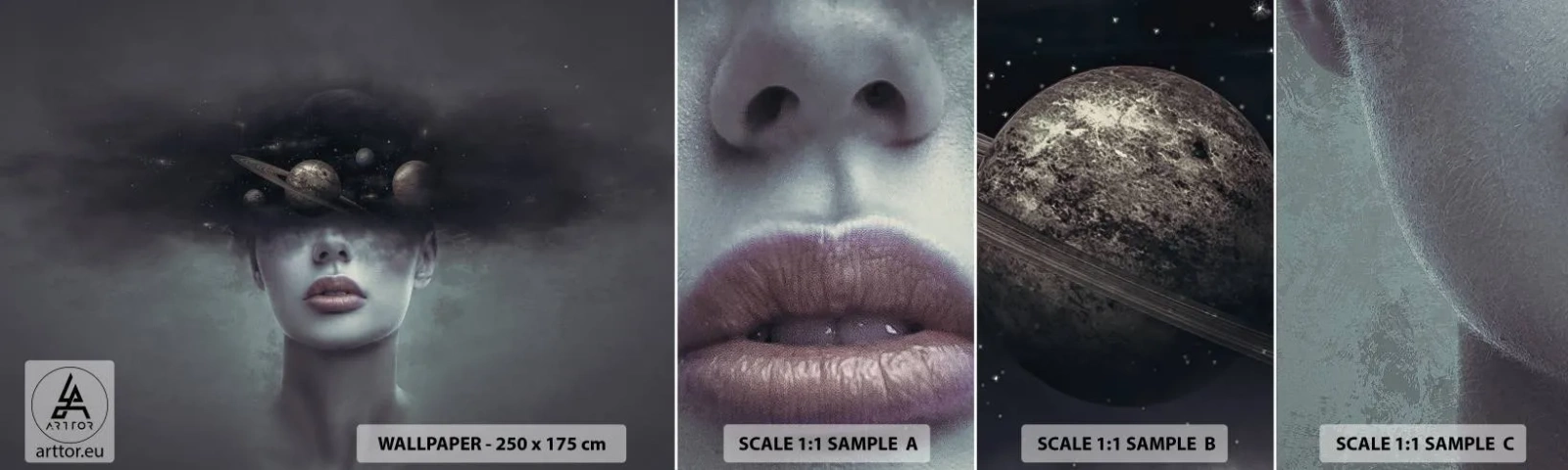 Fotobehang Staaltje Standard Eco - En de planeten worden gek... - Abstractie, Het gezicht van de vrouw, Kosmos - 100x30 cm