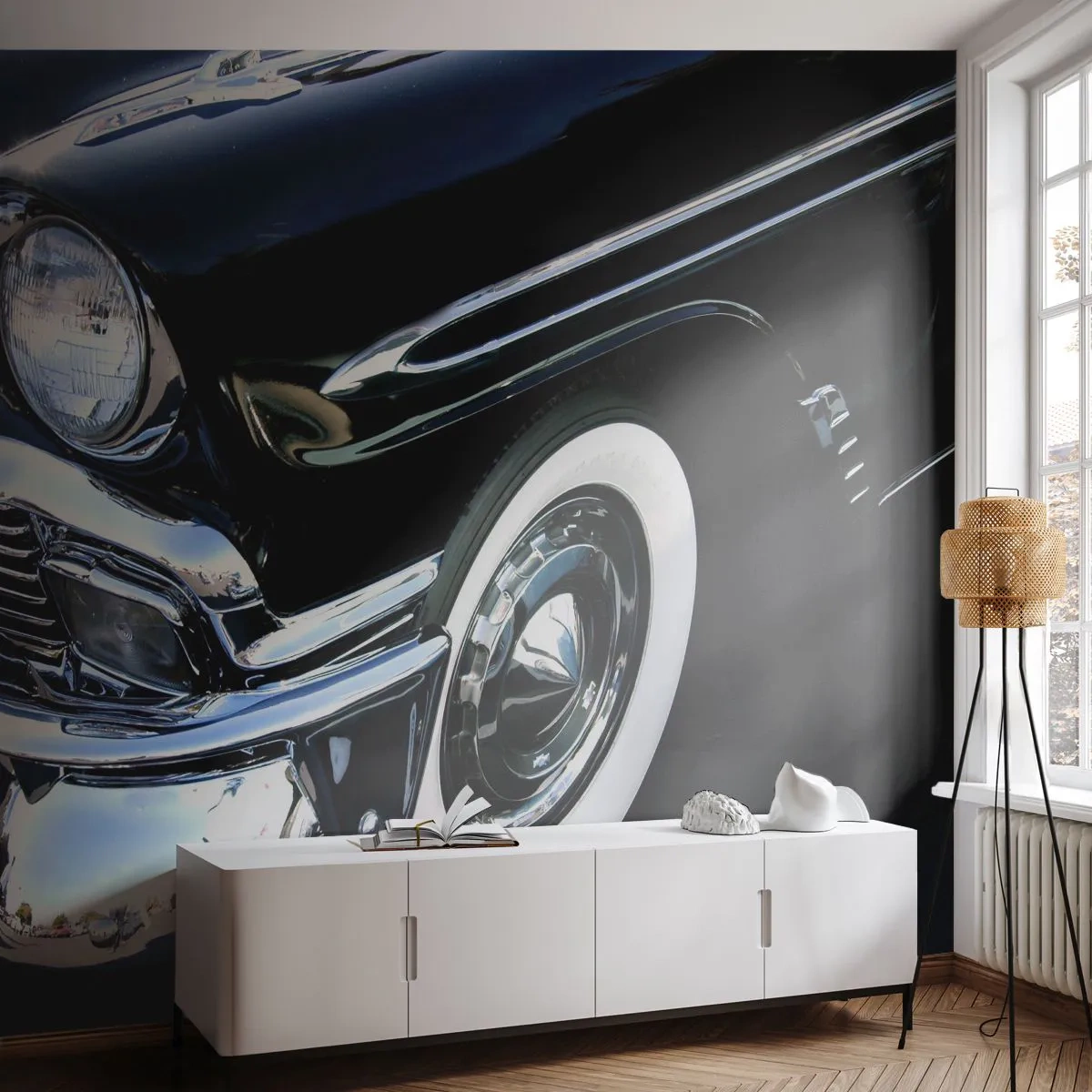 Fotobehang Premium Canvas - Klassiek in zilver, zwart en wit - Automobiel, Auto, wit en zwart - 400x280 cm