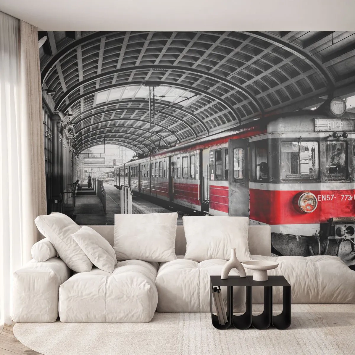 Zelfklevend Fotobehang Deluxe Sticker - Misschien is het een reis van je leven? - Passagierstrein, Treinstation, Platform - 250x175 cm