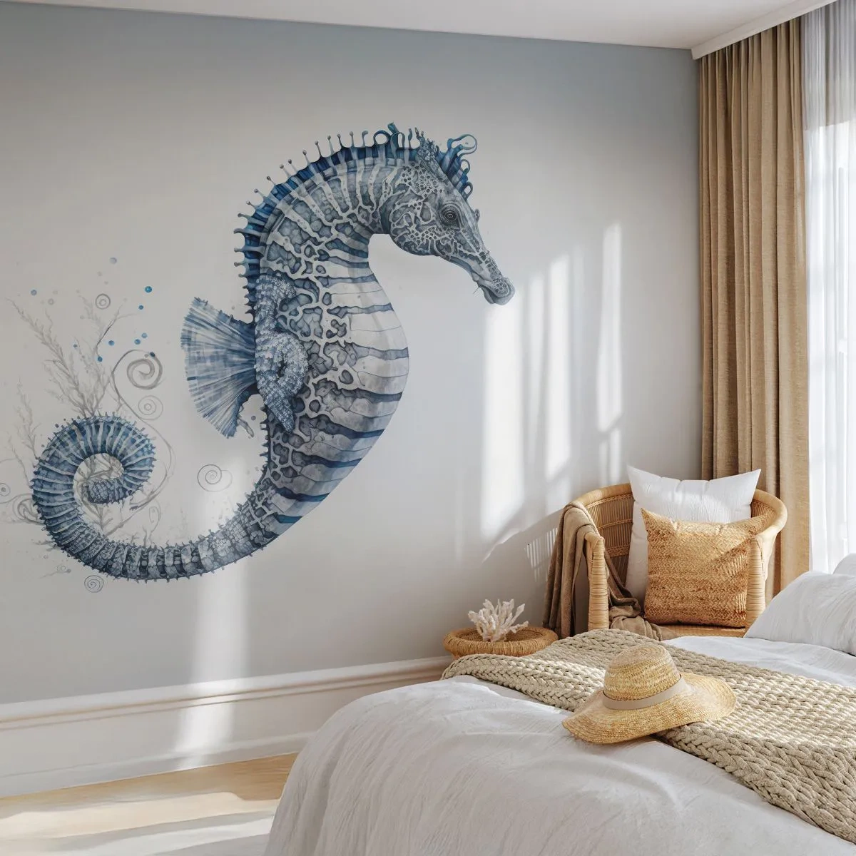 Fotobehang Premium Sand - Een subtiele grap van de natuur - zeepaardje, Kust, koraalrif - 300x210 cm