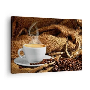 Schilderen op canvas - Een kopje koffie omringd door een zak koffiebonen - 70x50cm - De geur van mokka en de dikte van de honingvloeistof - Moderne wanddecoratie voor woonkamer en slaapkamer ARTTOR