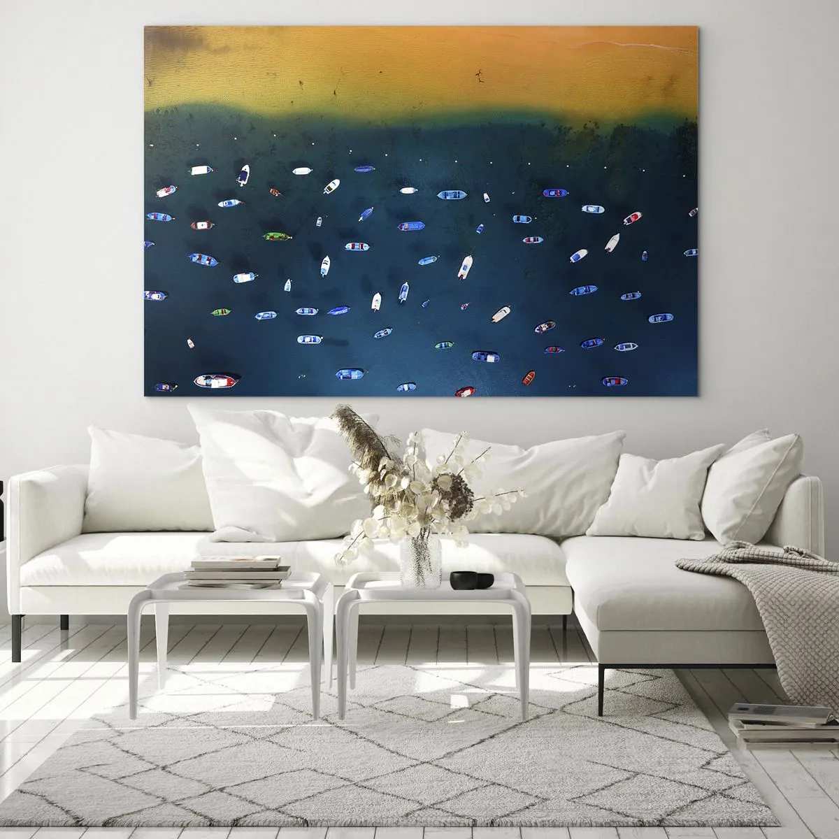 Schilderen op glas - Boten tegen de achtergrond van turquoise water en een gouden kust - 70x50cm - Vakantie spel - Moderne wanddecoratie voor woonkamer en slaapkamer ARTTOR