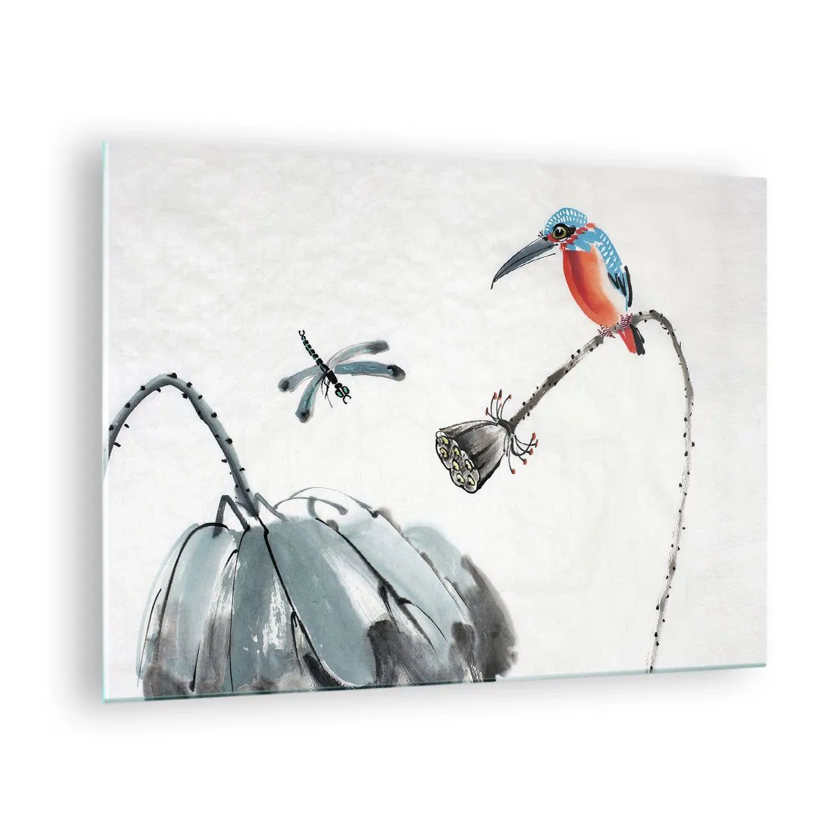 Schilderen op glas - Illustratie van een kleurrijke vogel en een libel tegen een achtergrond van vegetatie - 70x50cm - Het leven van de weide - Moderne wanddecoratie voor woonkamer en slaapkamer ARTTOR