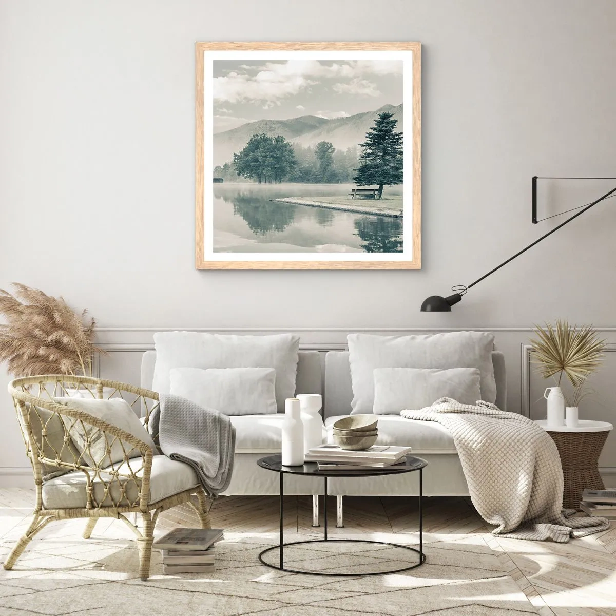 Een poster in een licht eiken lijst - Het meer slaapt nog - 30x30 cm