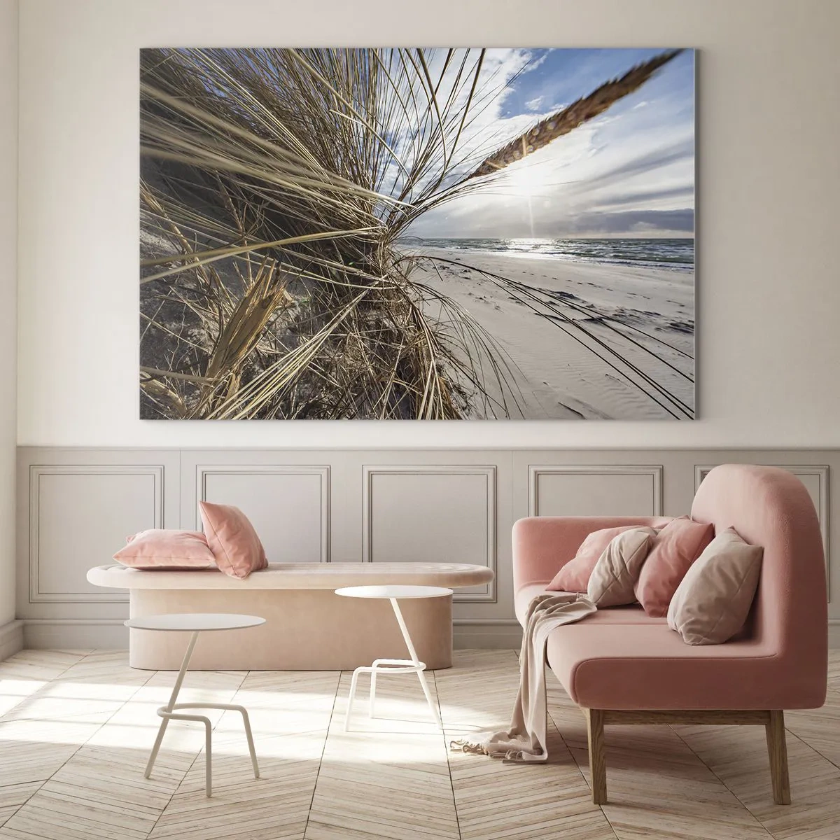 Schilderen op glas - Gouden gras tegen de achtergrond van een zandstrand en de zee - 70x50cm - Een ontmoeting van de elementen - Moderne wanddecoratie voor woonkamer en slaapkamer ARTTOR