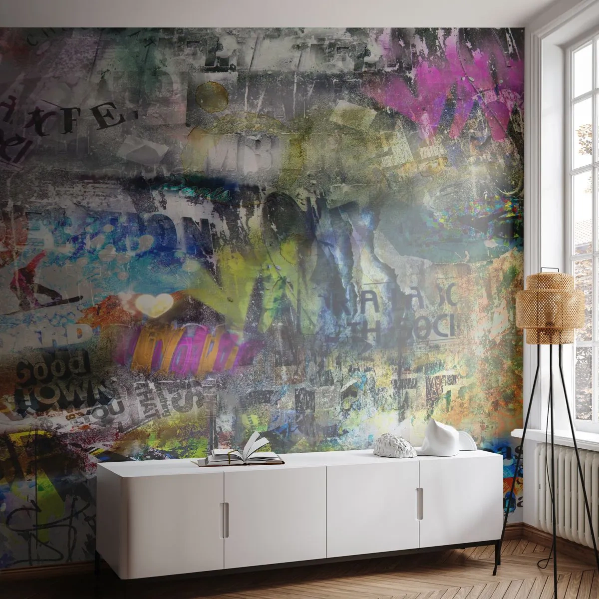 Fotobehang Standard Eco - Collage van herinneringen - Graffiti, Muurschildering, Modern patroon - 450x315 cm