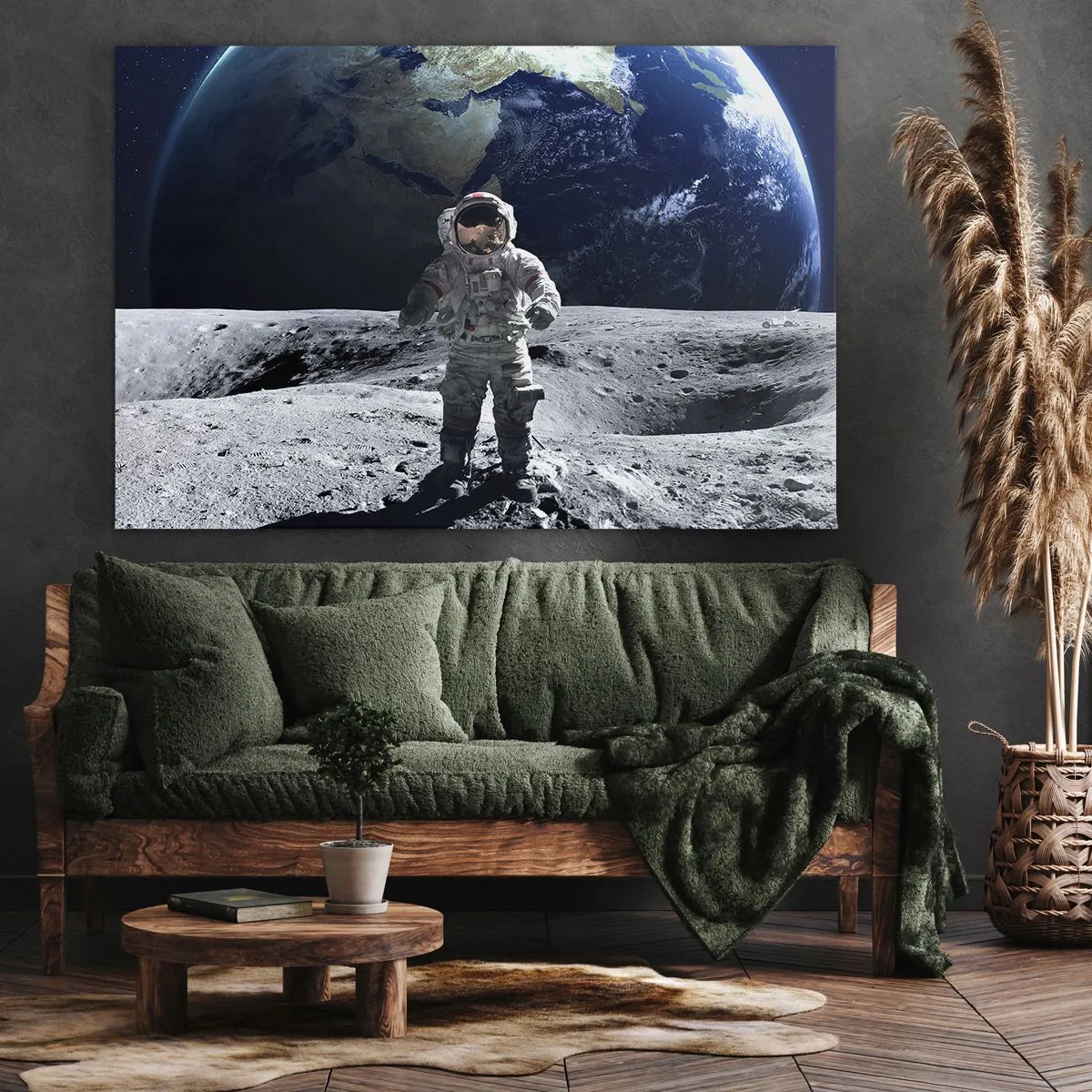 Schilderen op canvas - Astronaut op het maanoppervlak met de aarde op de achtergrond - 70x50cm - Groetjes van de maan - Moderne wanddecoratie voor woonkamer en slaapkamer ARTTOR