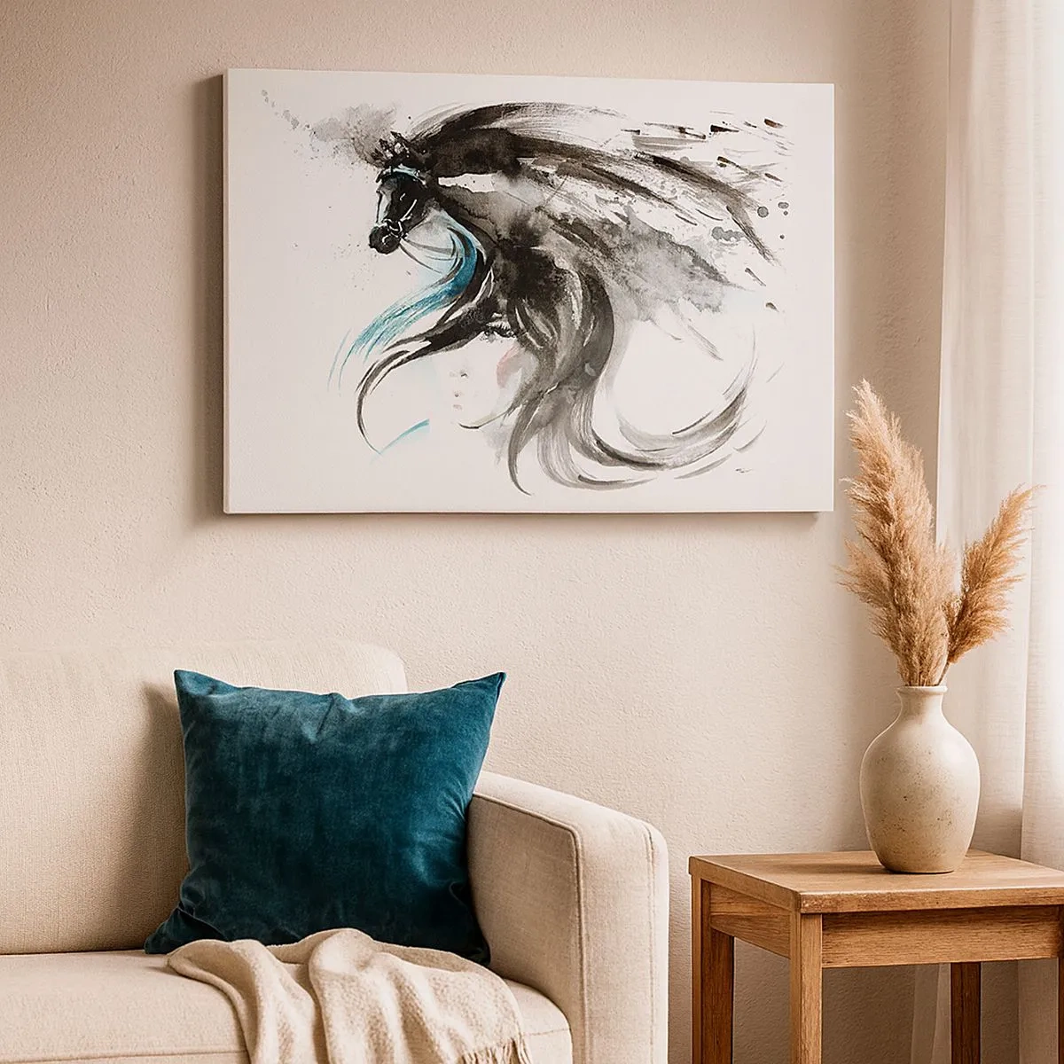 Schilderen op canvas - Een vrouw en een paard in een mystieke aquarel vol dynamiek - 70x50cm - Galop van de Zwarte Prins  - Moderne wanddecoratie voor woonkamer en slaapkamer ARTTOR